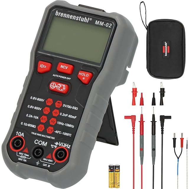Multimetro Brennenstuhl MM-02 con selezione automatica della portata e i suoi puntali