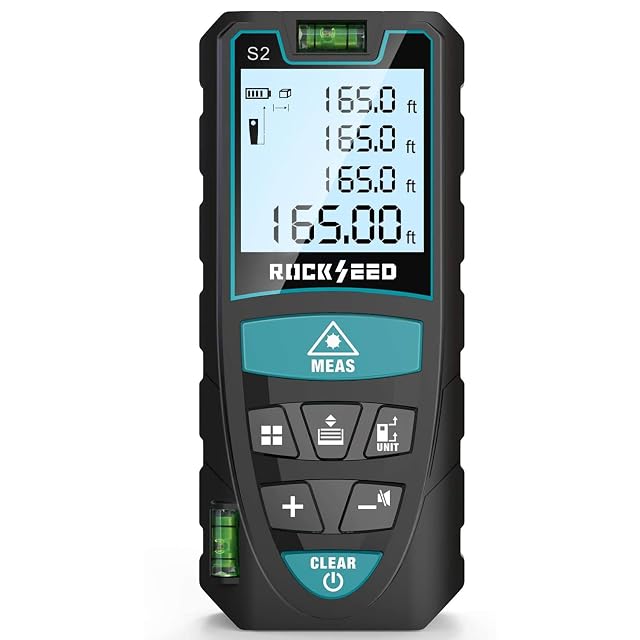 Misuratore laser di distanze RockSeed S2 tenuto in una mano, con l'LCD retroilluminato e la livella a bolla laterale
